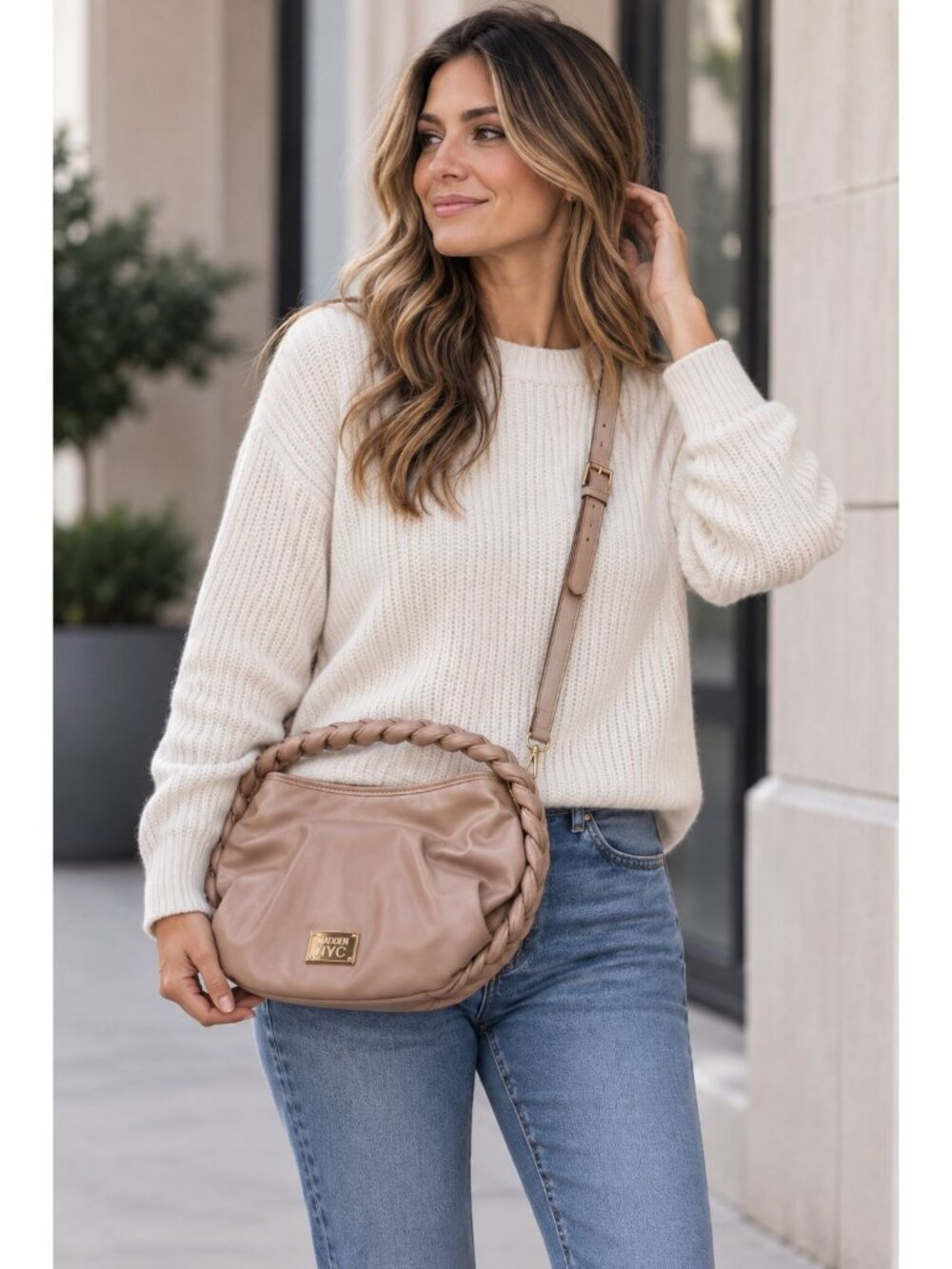 Madden NYC Beige Crossbody Bag Braided Handle Faux Leather Purse MNY-204 NWOT